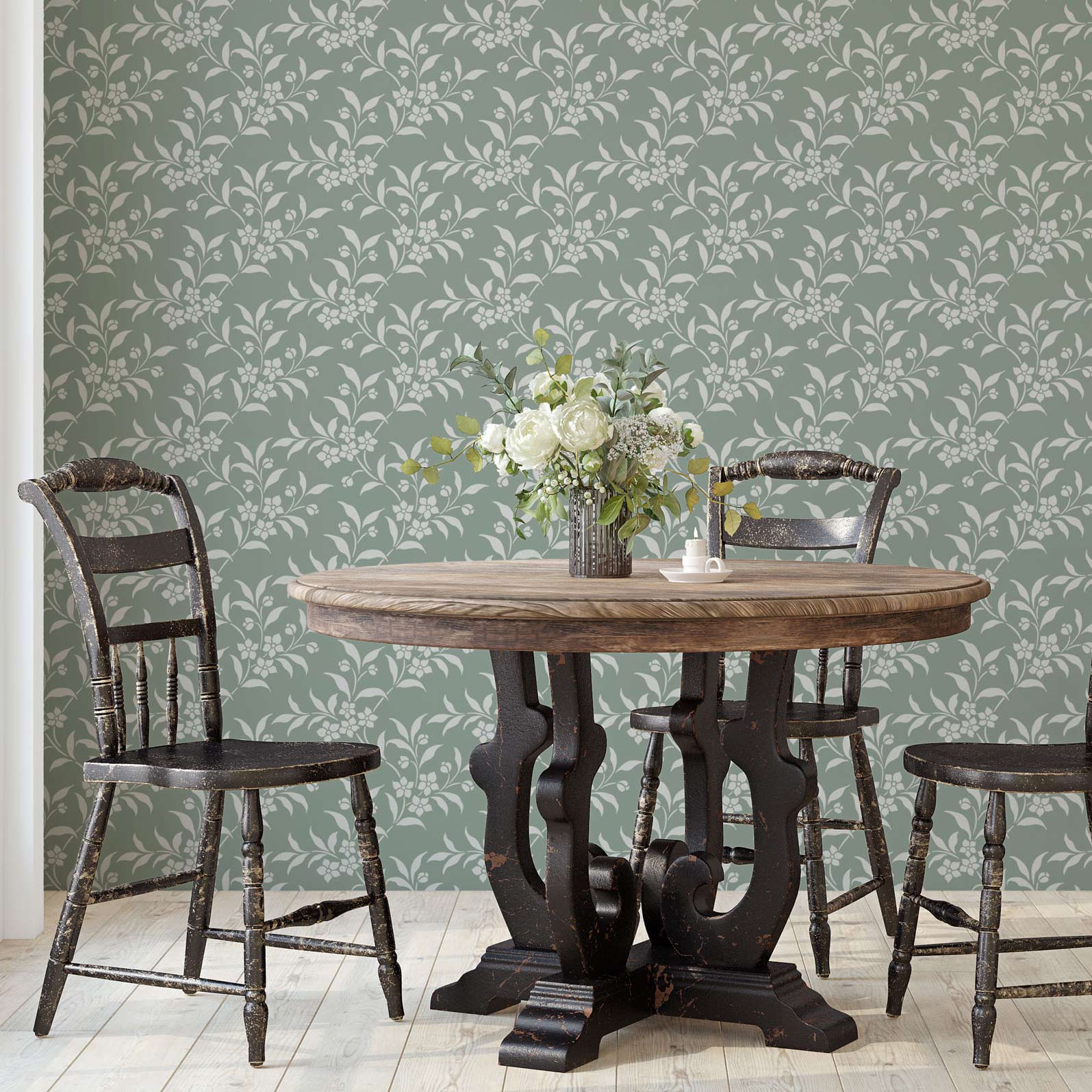 Country style flower wall stencil in floral vine pattern for hand painted wallpaper