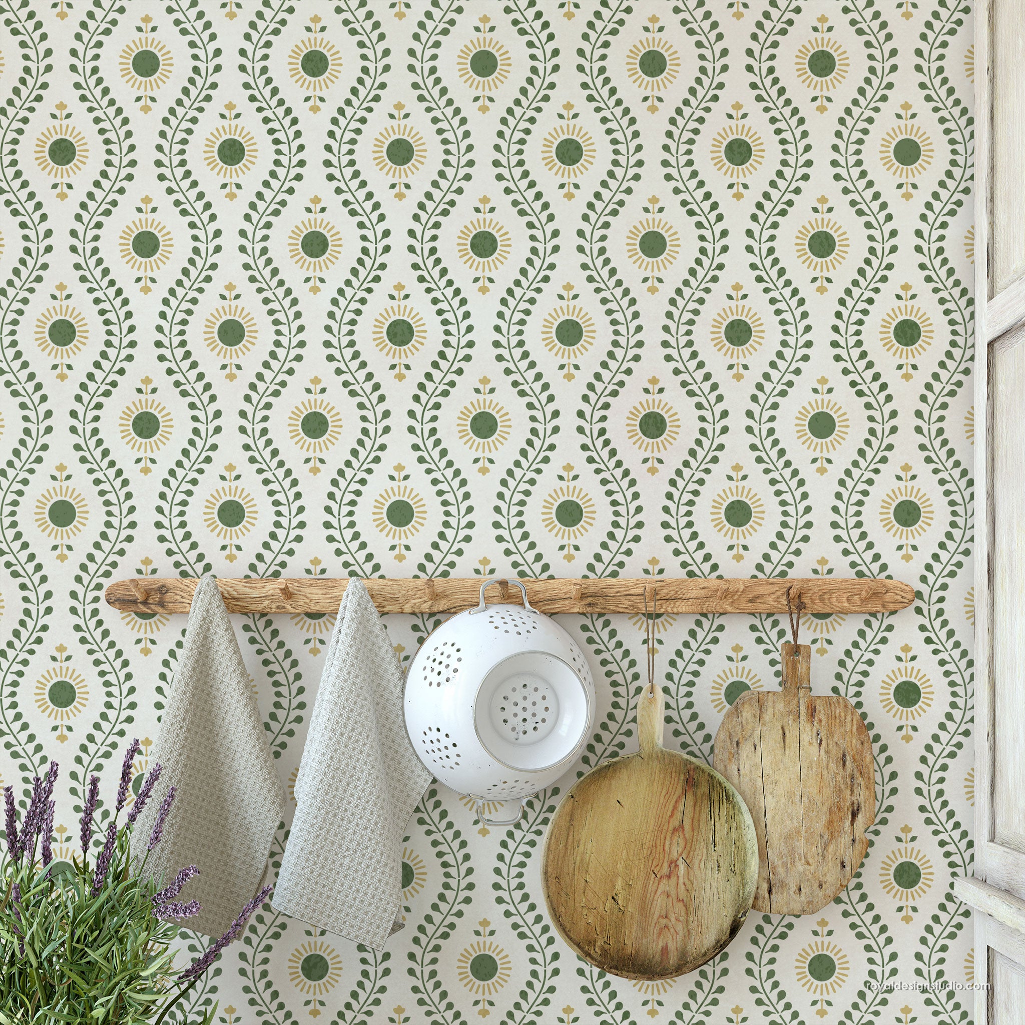 Farmhouse kitchen stenciled wall with Indian block print wall stencil design