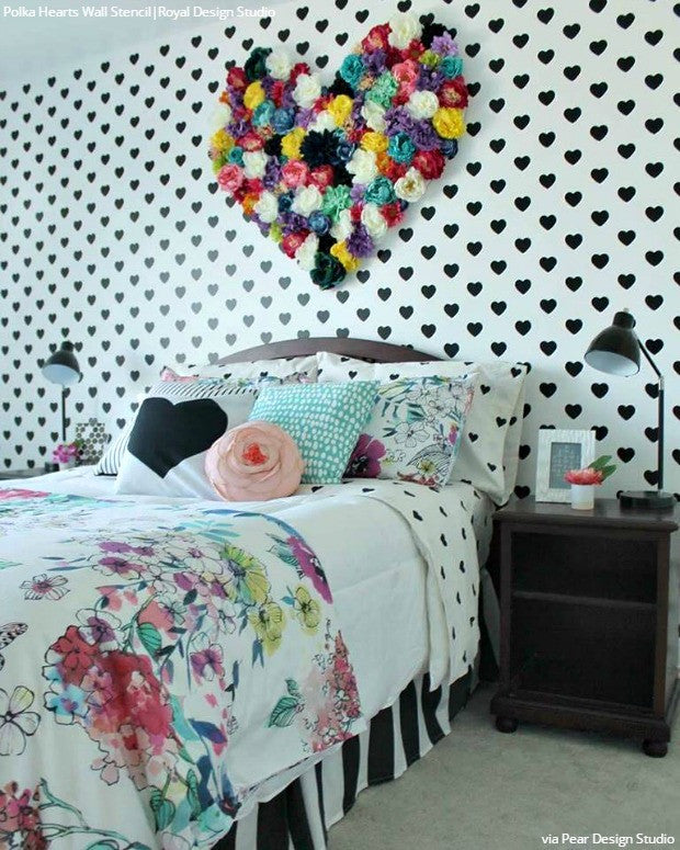 Modern Girls Room Decor Heart Wallpaper Wall Stencils - Royal Design Studio