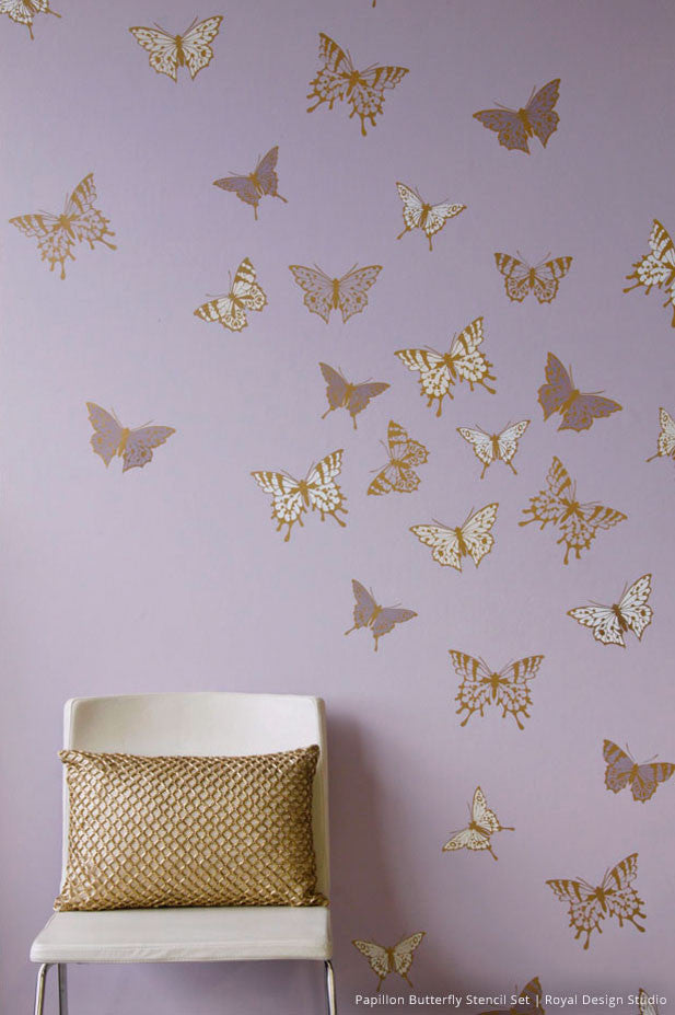 Girls Room or Nursery - Cute Butterfly Butterflies Mural Stencil Modern Wall Art for kids - Royal Design Studio