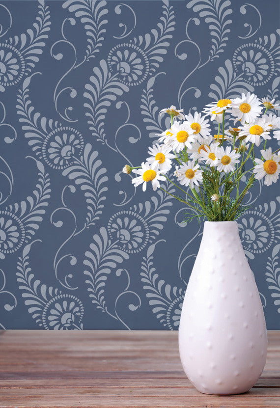 Bohemian Chic Wall Decor - Painted Walls with Feathered Damask Wall Stencils - Royal Design Studio