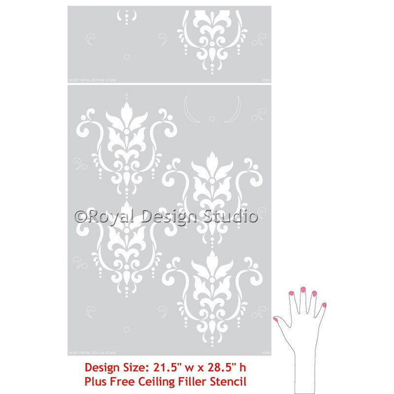 Classic and Victorian  Design - Serenity Damask Wallpaper Wall Stencils - Royal Design Studio