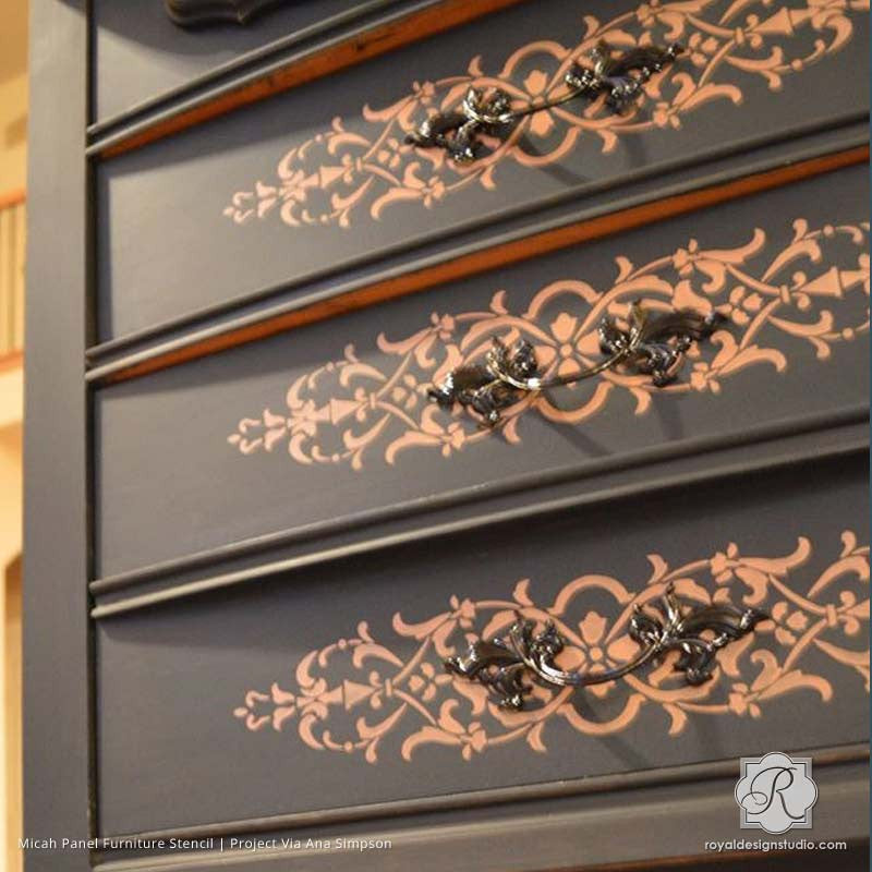 Decorating DIY Projects with Painted Pattern - Micah Panel Furniture Stencils - Royal Design Studio