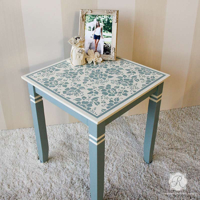 Painted Furniture with Flower Stencils - Spring Rose Blossoms Furniture Stencils - Royal Design Studio
