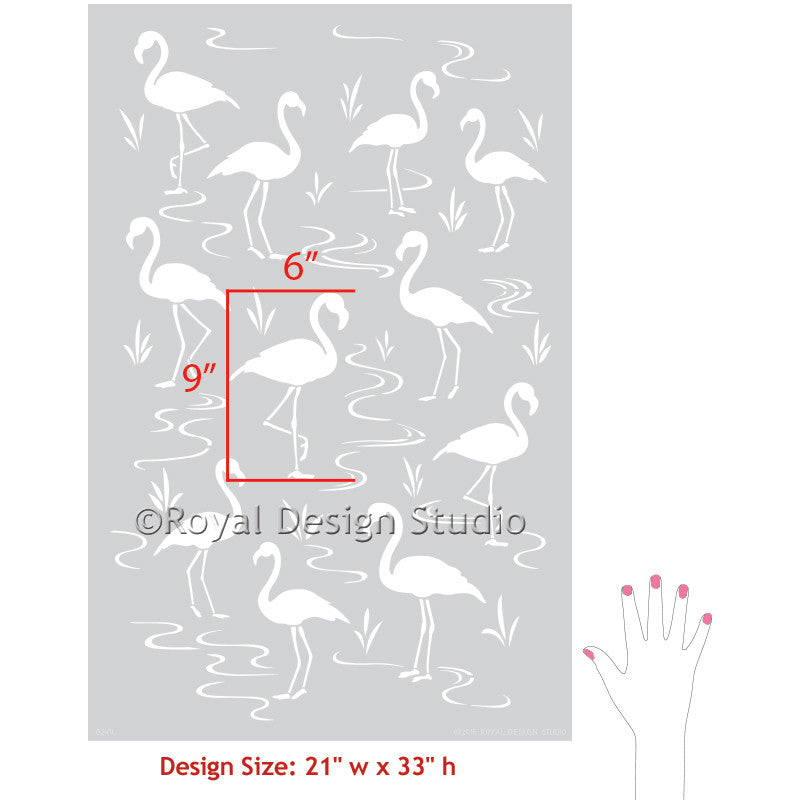 Pink Flamingo Lagoon Wall Stencils for DIY Home Decorating - Royal Design Studio