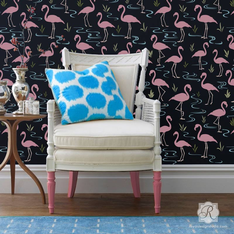 Decorating an Accent Wall in Living Room or Bedroom with Retro or Modern Design - Flamingo Lagoon Wall Stencils - Royal Design Studio