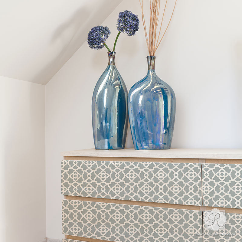 Painted Dresser Drawers with Geometric Patterns - Mamounia Moroccan Trellis Furniture Stencils - Royal Design Studio