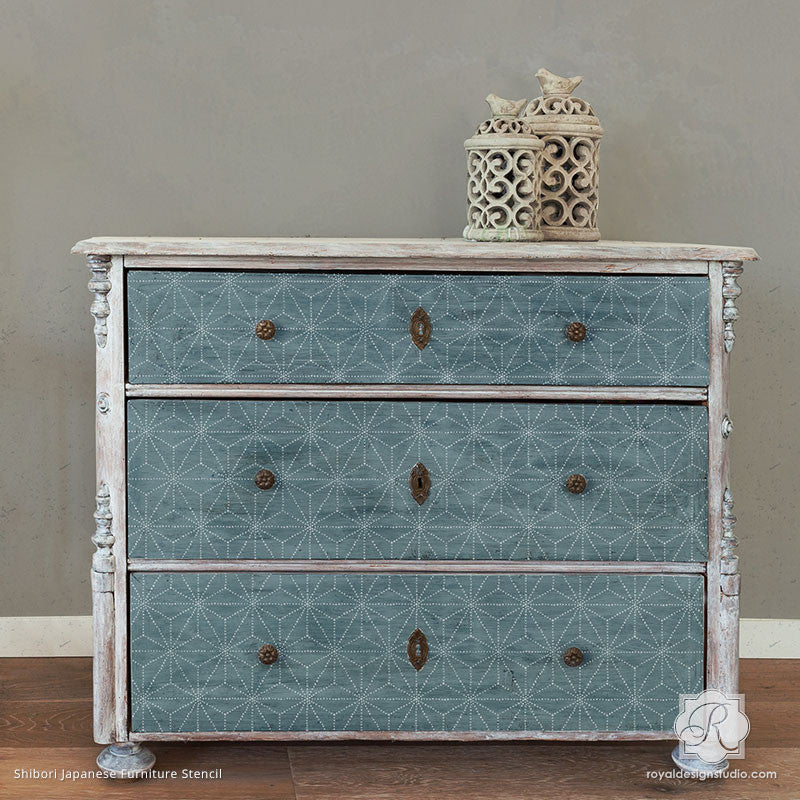 Painted Dresser Drawers with Geometric and Modern Asian Pattern - Shibori Japanese Furniture Stencils - Royal Design Studio