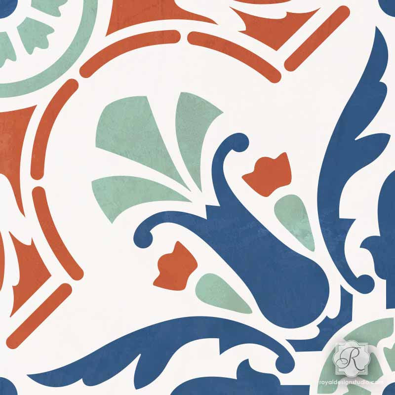 Decorative Faux Painted Tile Design for Wall Murals and Floor Makeovers - Majorca Tile Stencils - Royal Design Studio