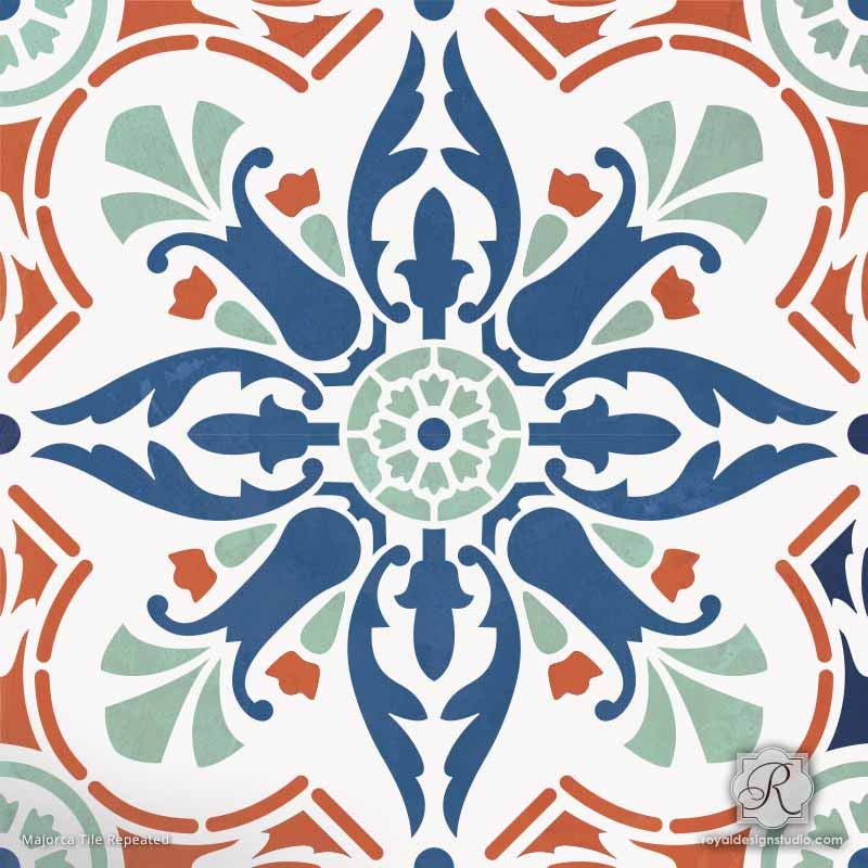 DIY Decor Idea with Painted Faux Tile Floor Patterns - Majorca Tile Stencils - Royal Design Studio