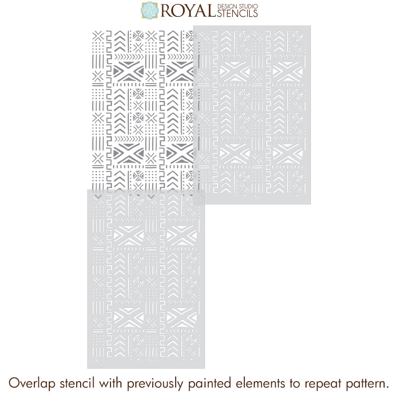 Geometric Wall Decor Idea - Mali Mudcloth Wall Stencil - African Style Mud Cloth Batik Wallpaper Design Stencils for Painting - Royal Design Studio