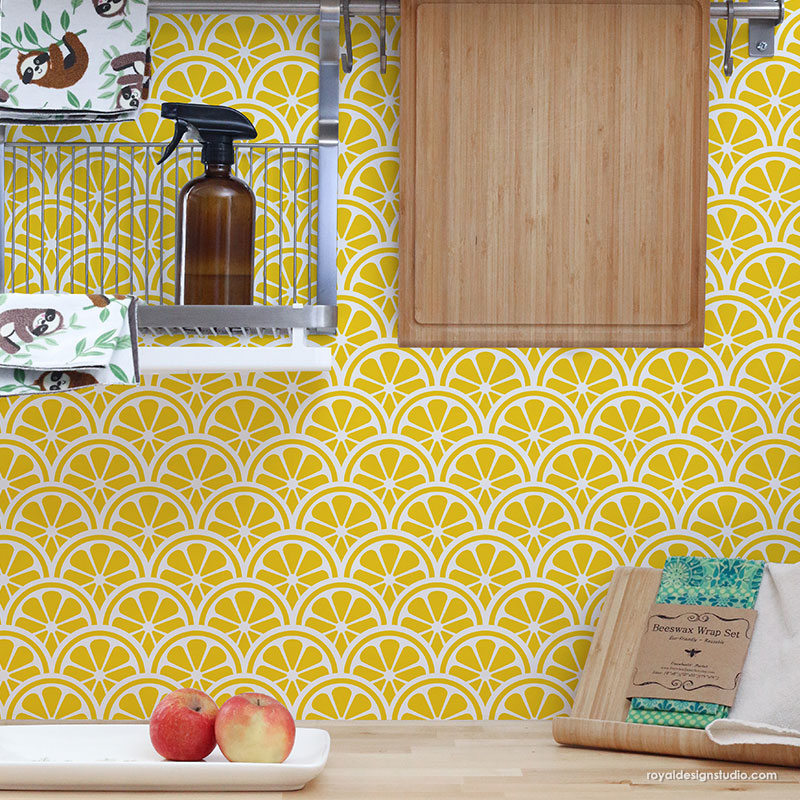 Lemons Wall Art Scallop Wall Pattern - Modern Kitchen Backslash Stencils - Lemon Wall Stencils - Royal Design Studio