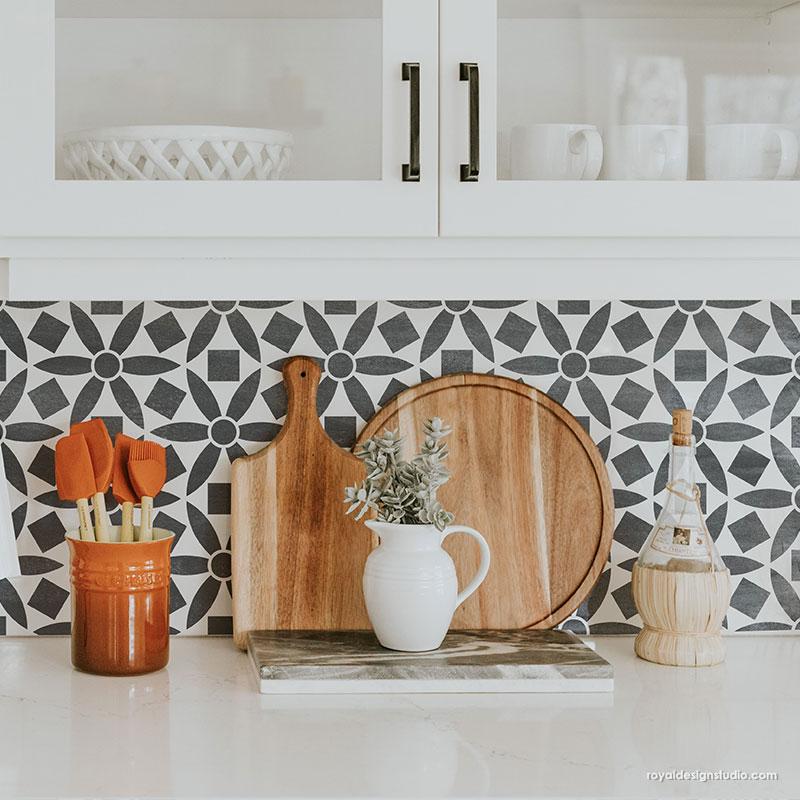 Black and White Kitchen Backsplash Design Modern Stencil Pattern - Ranae Geometric Floral Stencil from Royal Design Studio Stencils