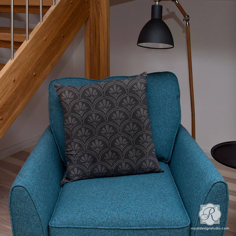 Decorating Throw Pillows with Modern Geometric Design and Tribal Flower Pattern - Furniture Stencils - Royal Design Studio