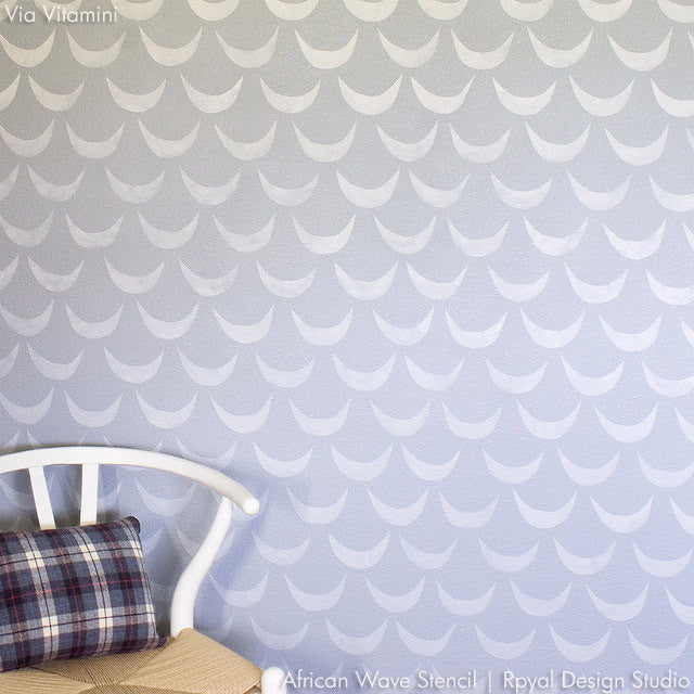 Modern Wallpaper Look using African Wave Wall Stencils - Scallop Pattern & Design