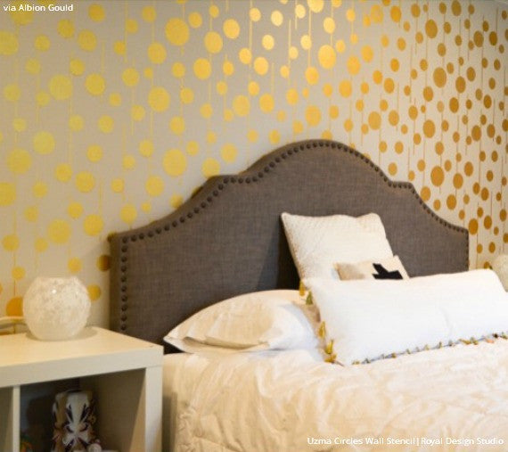 Gold Metallic Accent Wall Stenciled with Tribal Pattern - Uzma Circles Wall Stencils - Royal Design Studio