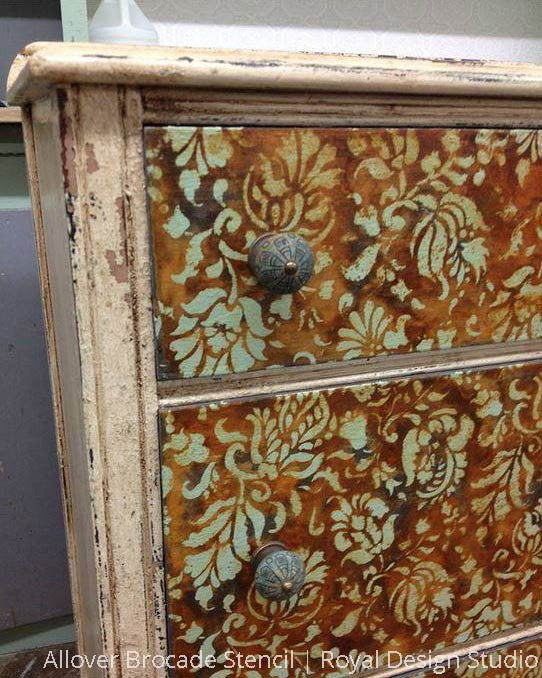 Antique and Distressed Dresser Drawers Stenciled with Flower and Vine Pattern - Allover Brocade Furniture Stencils - Royal Design Studio