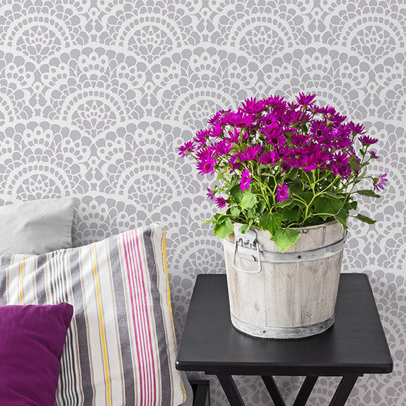 Spanish Lace Scallop Wallpaper Wall Stencils for Painting Accent Wall - Royal Design Studio