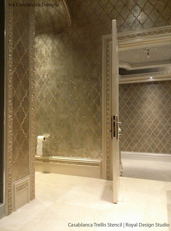 Elegant Wall Finish with Metallic Paint - DIY Painted Walls with Moroccan Design - Royal Design Studio Trellis Wall Stencils