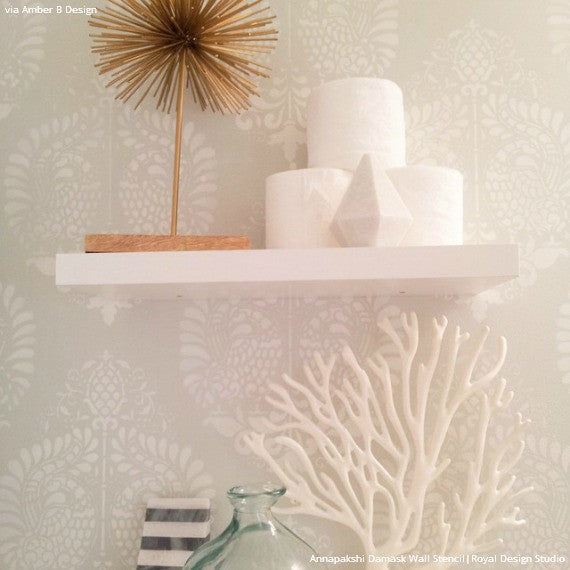 Monochromatic Neutral Color Scheme with Wall Stenciling Patterns - Annapakshi Indian Damask Wall Stencils - Royal Design Studio