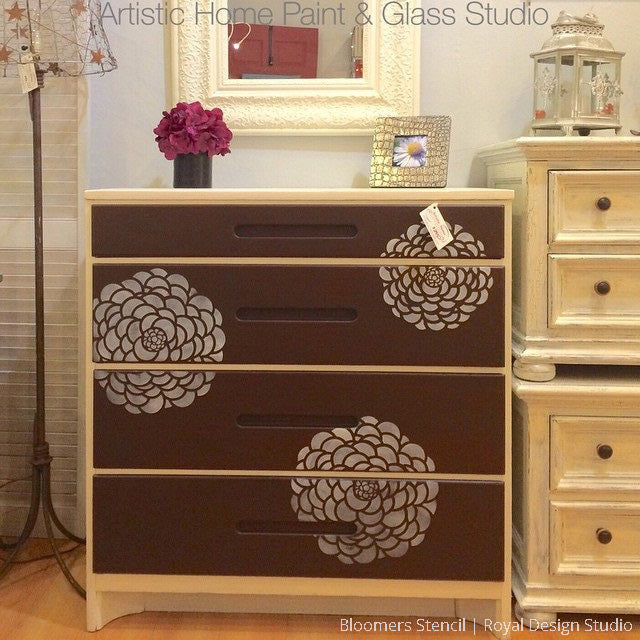 Painted Wood Furniture Upcycle with Modern Flower Furniture Stencils - Royal Design Studio