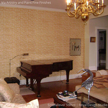 DIY Decor Idea - Paint a Living Room Wall with Scrollallover Leaf and Vine Wall Stencils - Royal Design Studio