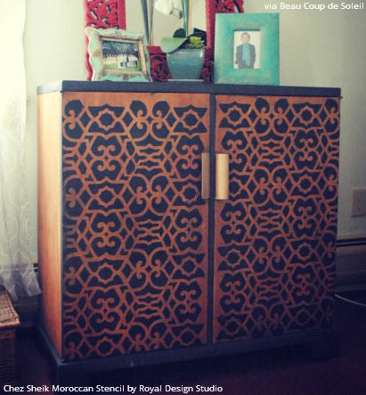 Painted Wood Cabinet Doors Designed with Intricate Chez Sheik Moroccan Furniture Stencils - Royal Design Studio