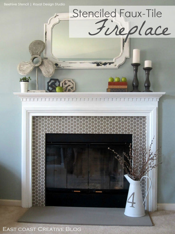 DIY fireplace surround design and pattern - cute bee stencil with honeycomb pattern for chic and modern fireplace design - Royal Design Studio