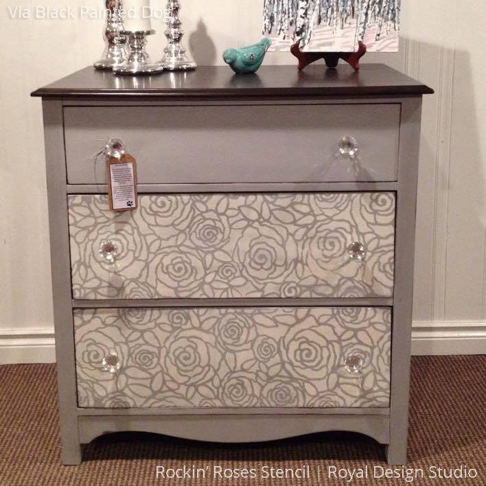 Gray and White Chalk Paint Painted Dresser Drawers with Rockin Roses Damask Stencils - Royal Design Studio