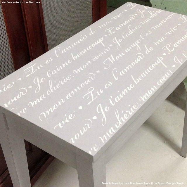 Gray Chalk Paint Painted Table Top with Chic Quotes - French Love Letters Furniture Stencils - Royal Design Studio