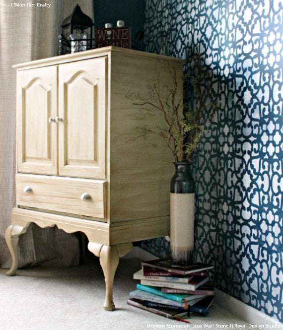 Metallic Navy Blue Accent Wall in Dining Room Makeover - Trendy Designer Modern Moroccan Lace Wall Stencils - Royal Design Studio