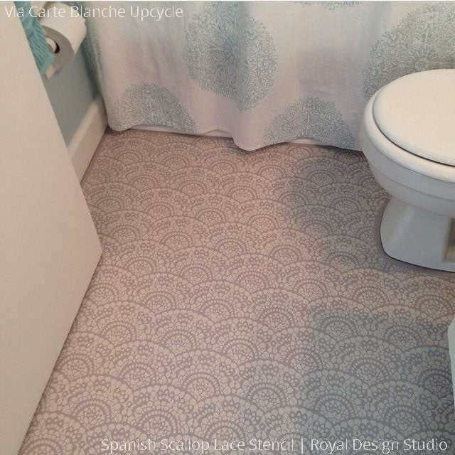 DIY Painted Bathroom Floor Makeover - Spanish Lace Scallop Floor Stencils - Royal Design Studio