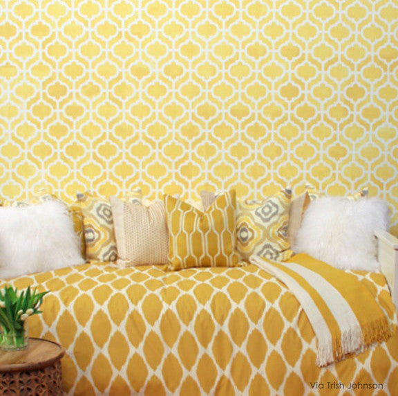Yellow bedroom makeover using designer stencils - Decorate your home decor with stenciled walls with moroccan stencil patterns - Casbah Trellis Moroccan Wall Stencils - Royal Design Studio