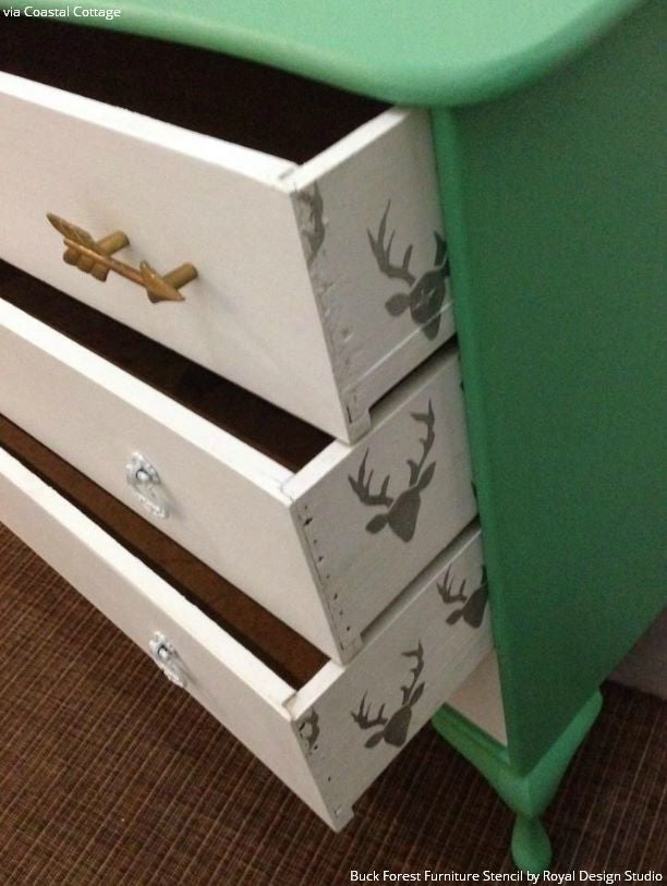Colorful Dresser Drawers Makeover using Deer Head Furniture Stencils and Pattern - Royal Design Studio