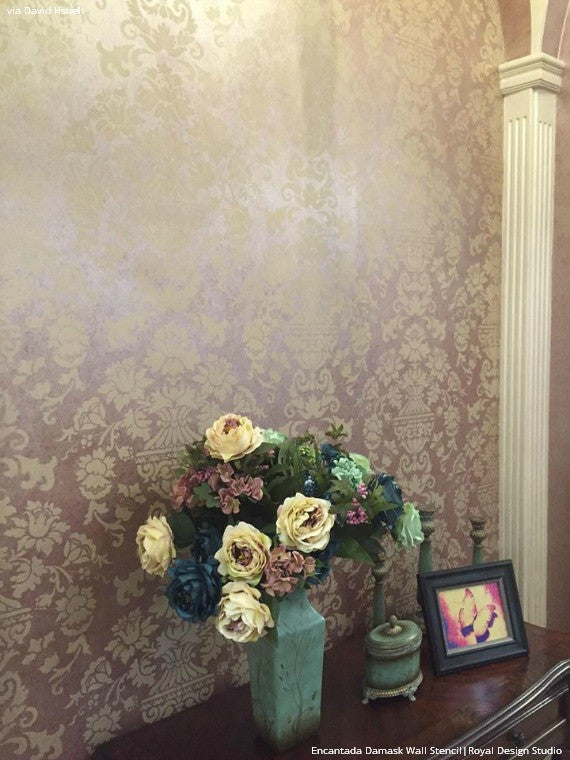 Metallic Sheen Painted and Stenciled Accent Wall - Encantada Damask Wall Stencils - Royal Design Studio
