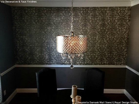 Chic and Elegant DIY Dining Room Makeover using Wallpaper Stencils - Donatella Damask Wall Stencils - Royal Design Studio