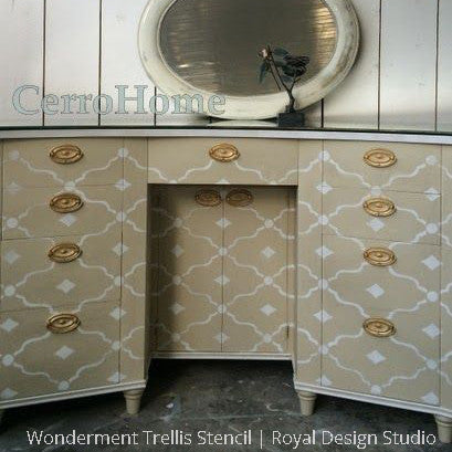 Chalk Paint Painted Furniture and Vanity DIY Project using Wonderment Trellis Furniture Stencils - Royal Design Studio