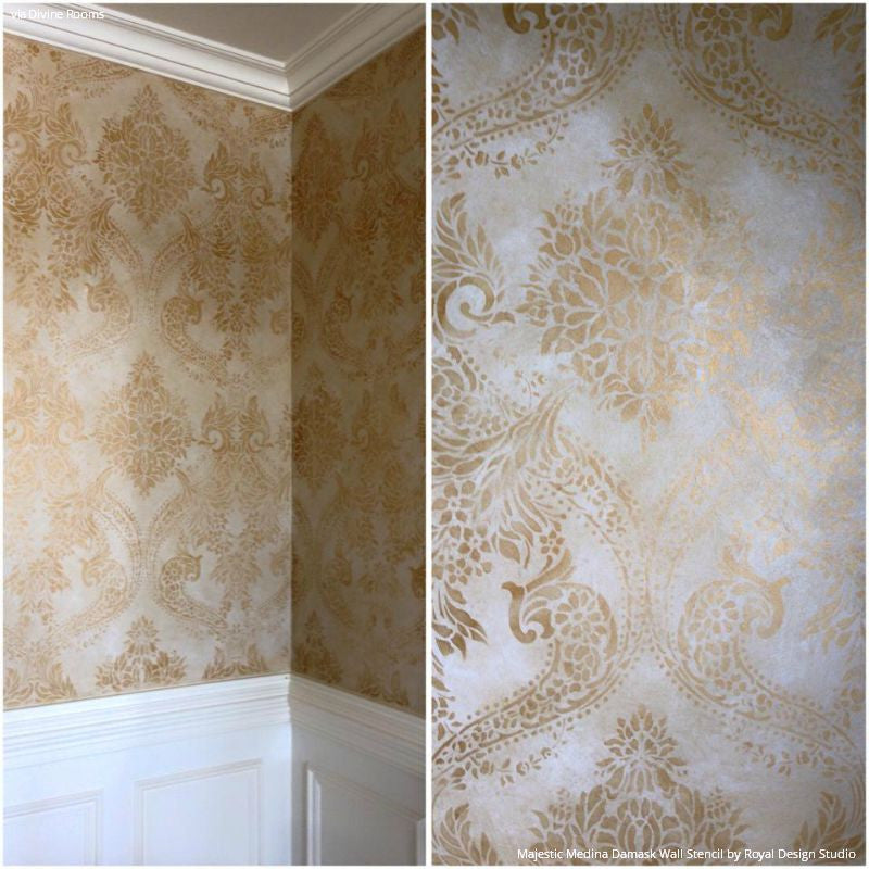 Elegant Rustic Gold Wall Decor Painted with Majestic Medina Damask Wall Stencils - Royal Design Studio