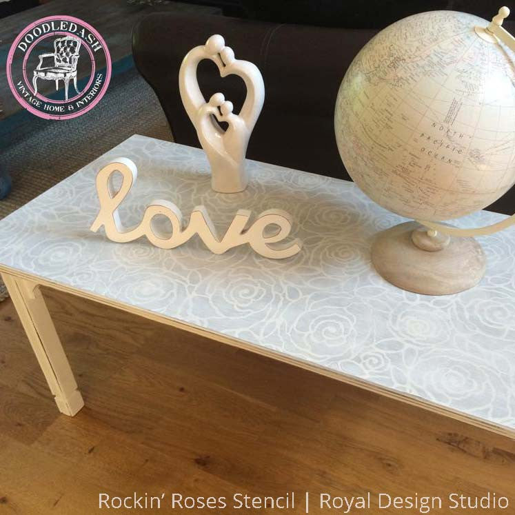 Gray and White Chalk Paint Painted Table Top with Rockin Roses Damask Stencils - Royal Design Studio