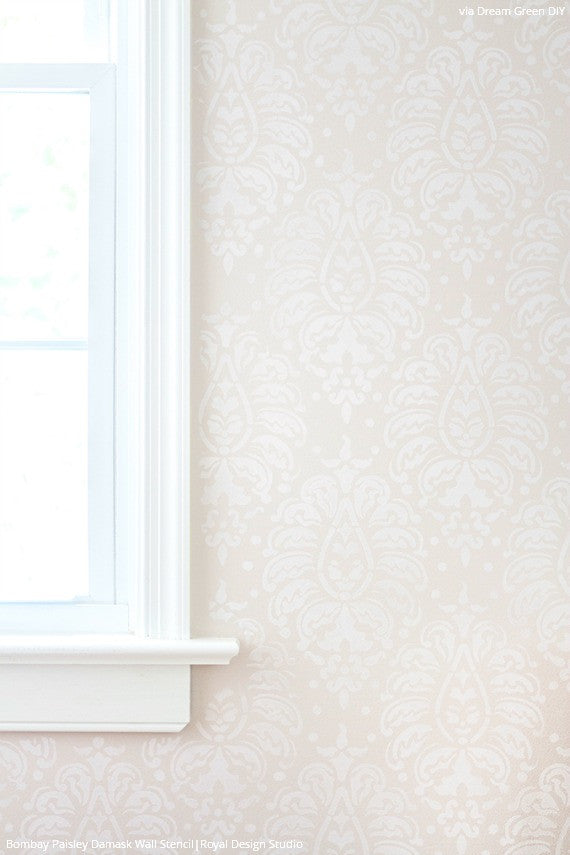Soft Pastel Pink Wallpaper Look with Designer Stencils - Bombay Paisley Damask Wall Stencils - Royal Design Studio