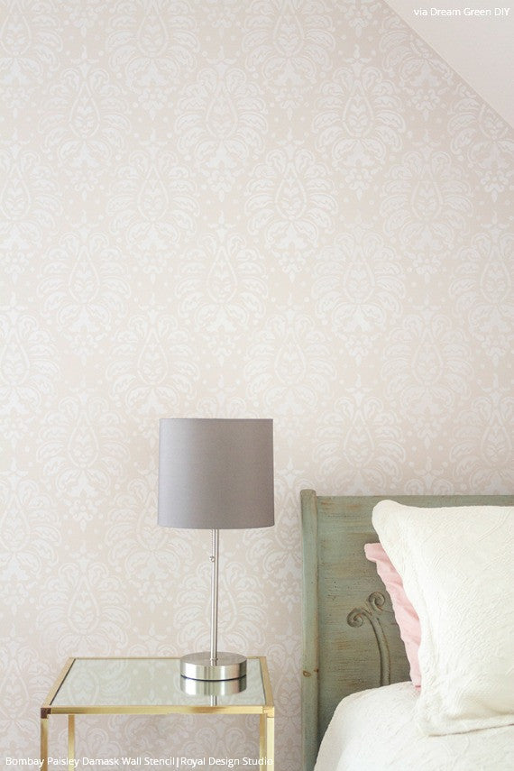 Soft Pastel Pink Wallpaper Look with Designer Stencils - Bombay Paisley Damask Wall Stencils - Royal Design Studio