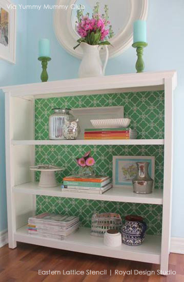 DIY Furniture Projects using Stencils - Eastern Lattice Moroccan Furniture Stencils - DIY Stenciled Dresser Drawers for Custom Furniture Patterns - Royal Design Studio