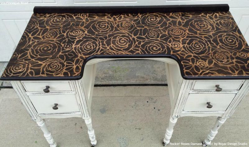 Wood Pattern Desk Top Stained with Rockin Roses Damask Stencils - Royal Design Studio