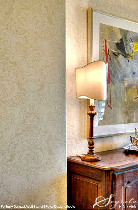 Classic Fortuny Damask Design Large Wall Stencils for Painting Accent Wall - Royal Design Studio