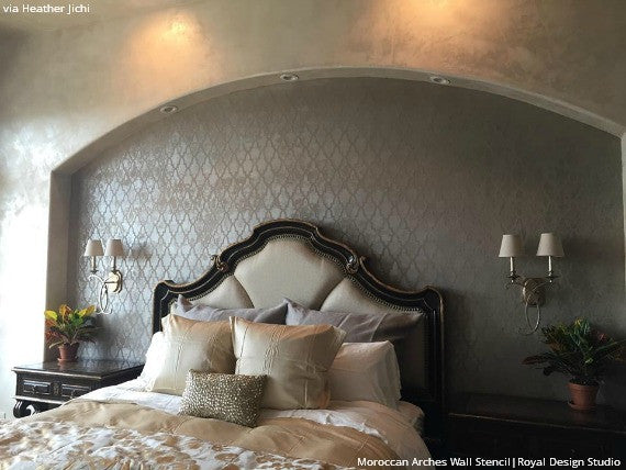 Chic Metallic Bedroom Makeover with Stenciled Accent Wall Overhang - Moroccan Arches Allover Wall Stencils - Royal Design Studio