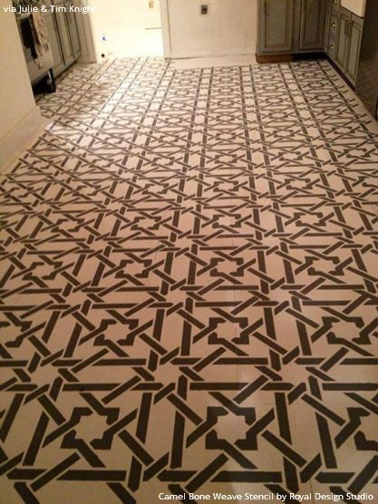 Stained Wood Floor with Camel Bone Weave Moroccan Stencils - Royal Design Studio