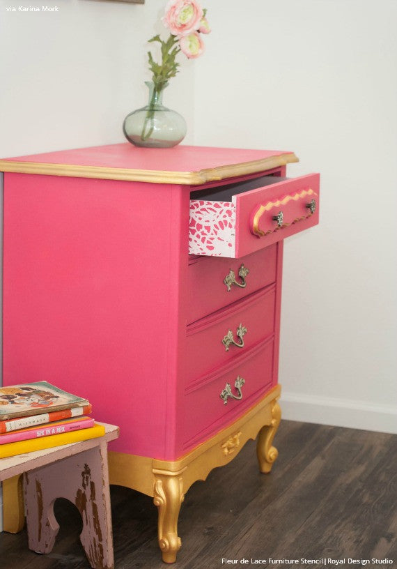 Bold and Colorful Pink and Gold Dresser Painted with Lace Flower Designs - Fleur de Lace Furniture Stencils - Royal Design Studio