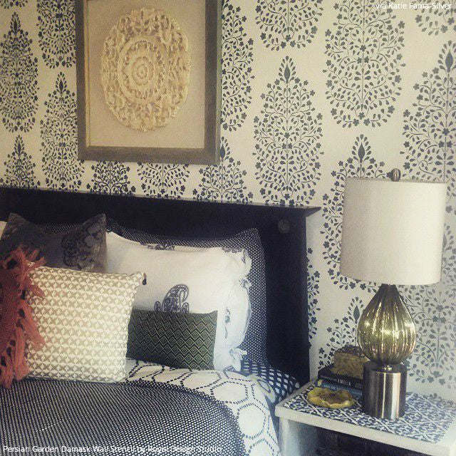 Trendy Vintage Inspired Bedroom Makeover with Blue Persian Garden Damask Wall Stencils - Royal Design Studio
