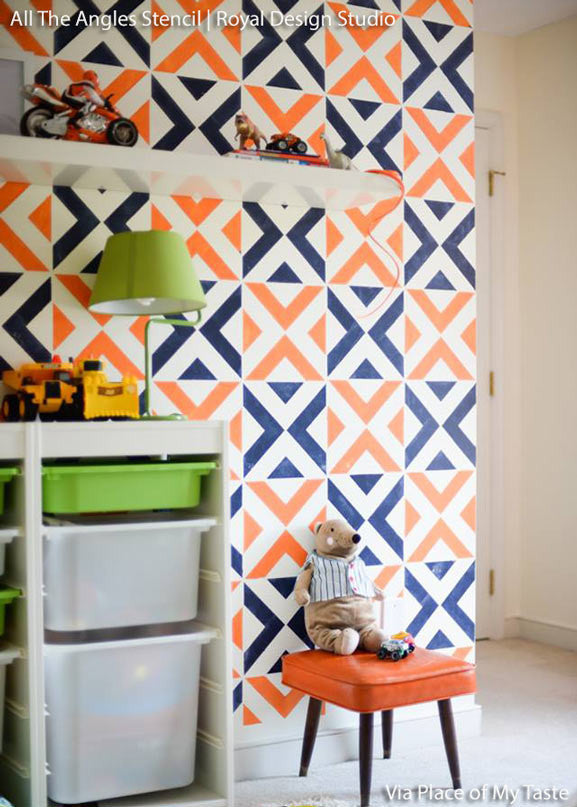 Decorating a Kids Room and Boys Room with Modern and Geometric Patterns Painted on Walls - Bold Accent Walls Stenciled with All the Angles Wall Stencils - Royal Design Studio