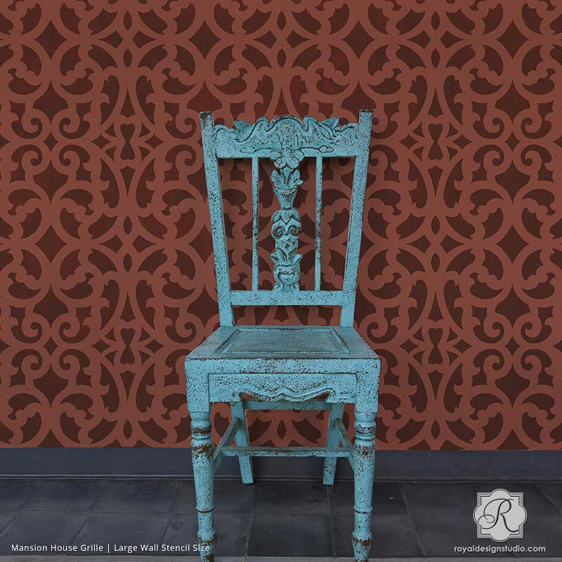 Large Designer Wall Stencils with DIY Faux Carved Wood Look - Mansion House Grille Trellis Wall Stencils - Royal Design Studio